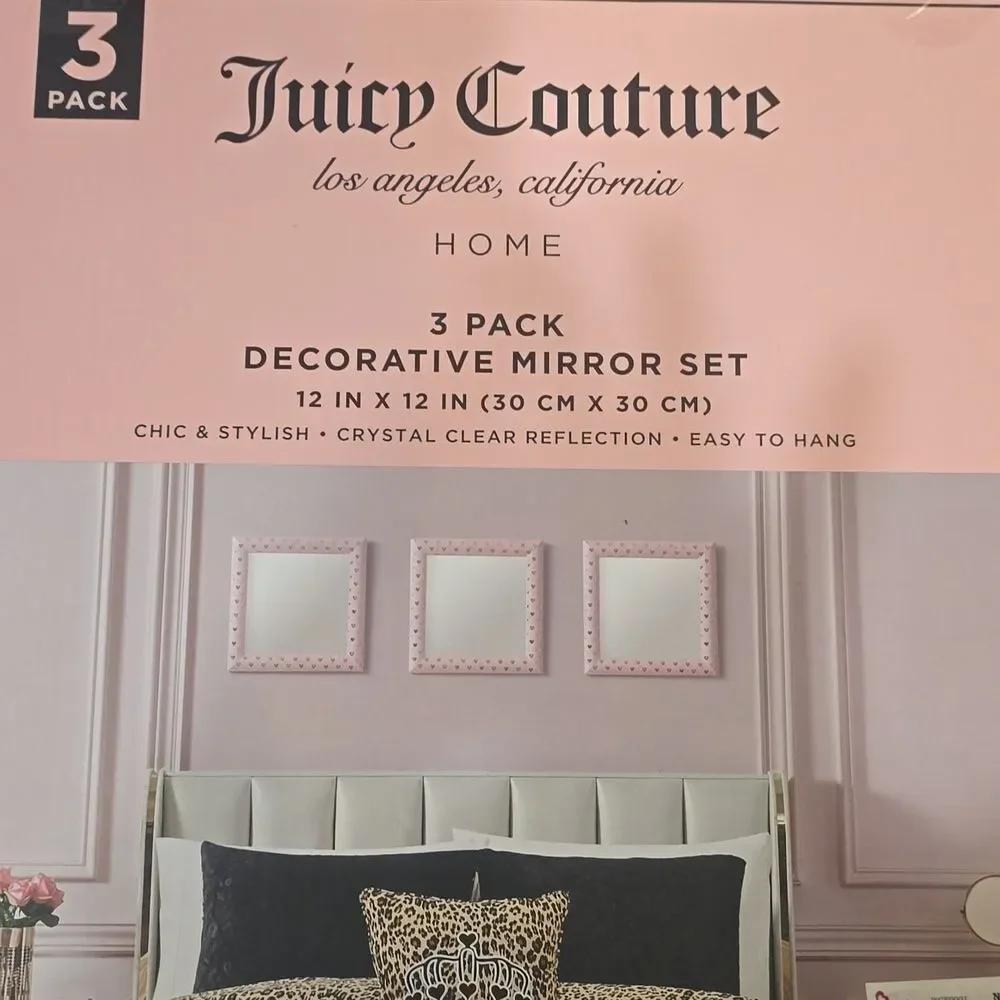 Juicy Couture Home 3-PK Silver Foil Heart Pink Velour Decorative Mirror Set‎
